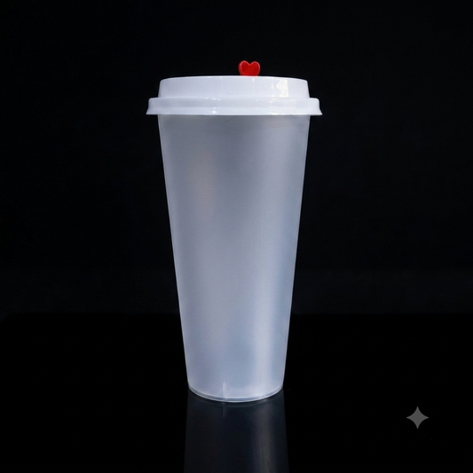 Vaso Plástico 500ml Matte con Tapa plana blanca y Charm de corazón paq 50 pzs